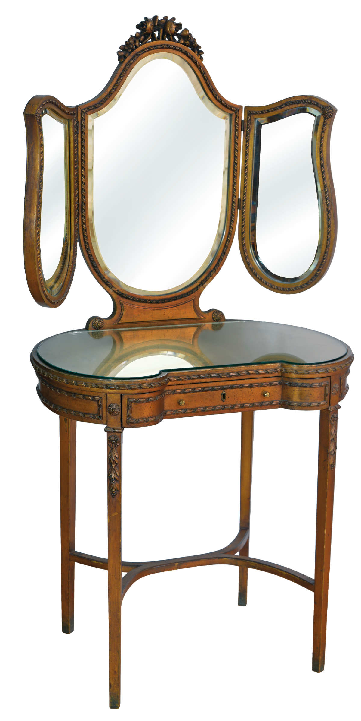 Schminktisch mit Spiegel, aus dem 19. Jhd., kupferfarben vergoldet, mit Facettenspiegel, Frontalansicht.