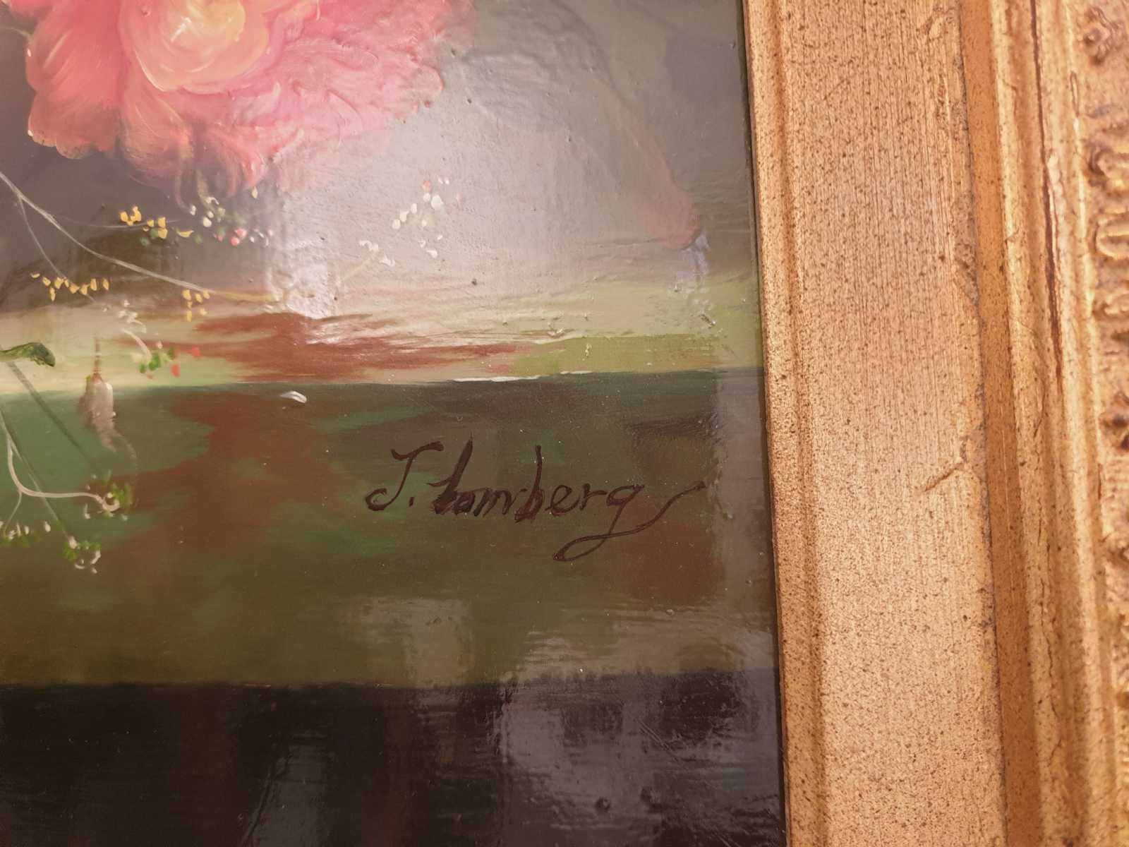 Ölbild des Künstlers Lomberg, zeigt florales Stilleben, Signatur.