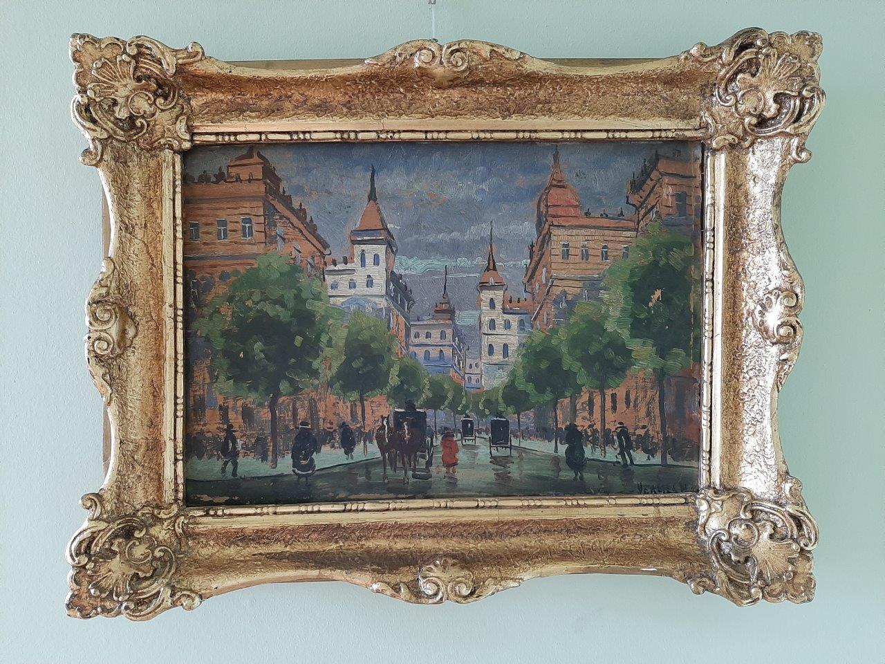 Antikes Ölgemälde mit Stadtleben-Motiv aus dem 19. Jahrhundert, frontal mit Goldrahmen