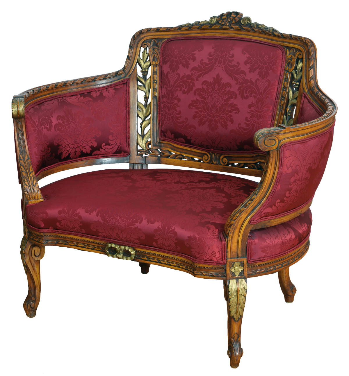 Antikes Bänkchen in Cabriolet-Form, aus dem 18. Jahrhundert, teilvergoldet, mit rotem Stoffbezug, Frontalansicht.