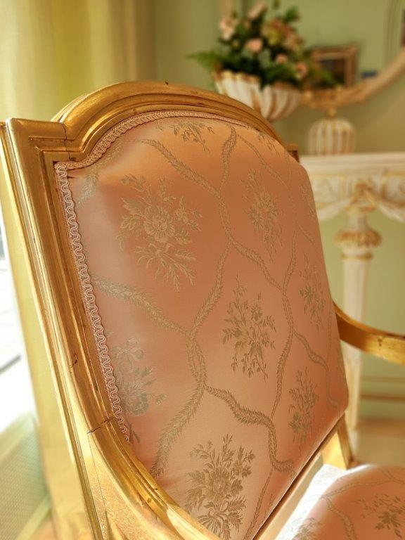 Rückenansicht Louis XVI Armlehnstuhl – Stoffdetail