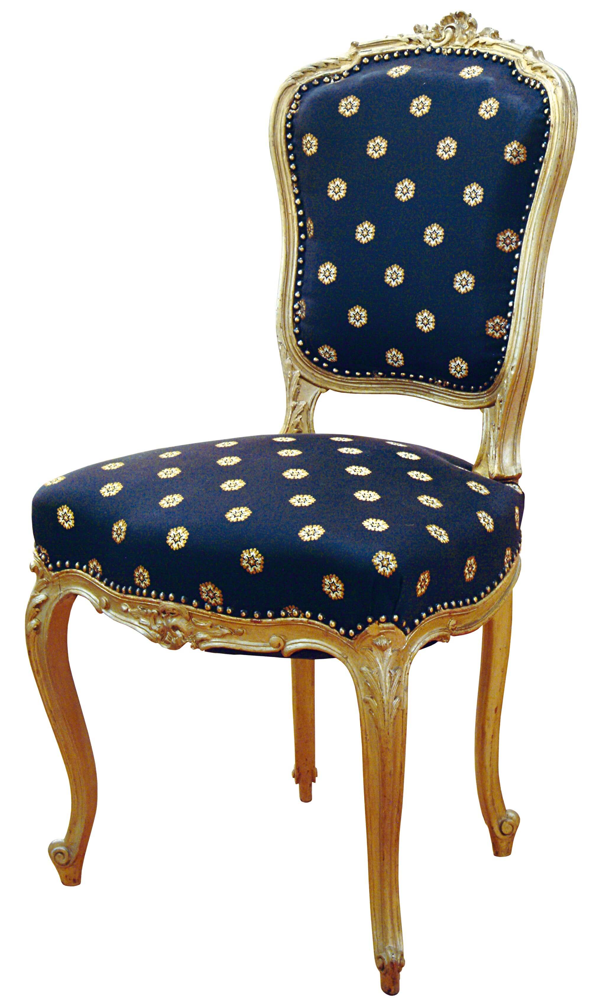 Antiker Stuhl PAULINA, vergoldeter Holzrahmen mit dunkelblauer gemusterter Polsterung, 19. Jahrhundert, Vorderansicht