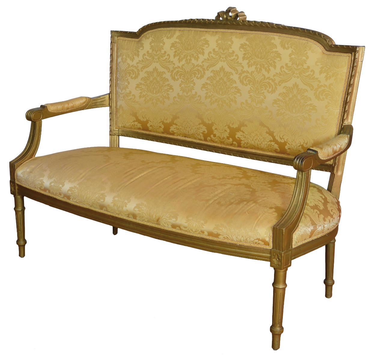 Bänkchen im Louis XVI Stil, Sofa, handgeschnitzt, mit Gold berieben, cremefarbender Stoff, Frontalansicht.