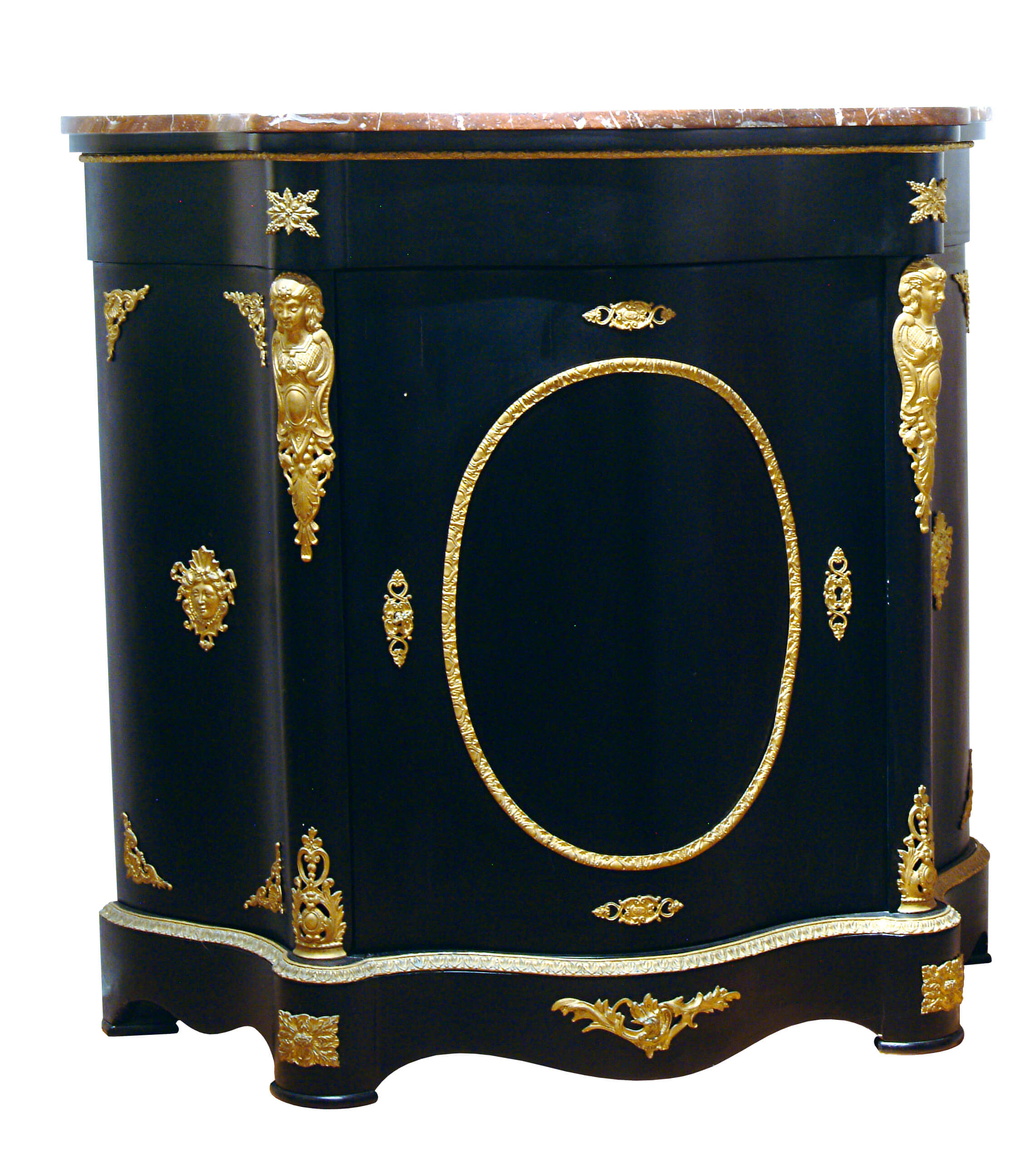 Antike Kommode NICO – Vorderansicht Antike Kommode NICO aus Holz mit schwarzer Lackierung, goldenen Applikationen und Marmorplatte, Vorderansicht