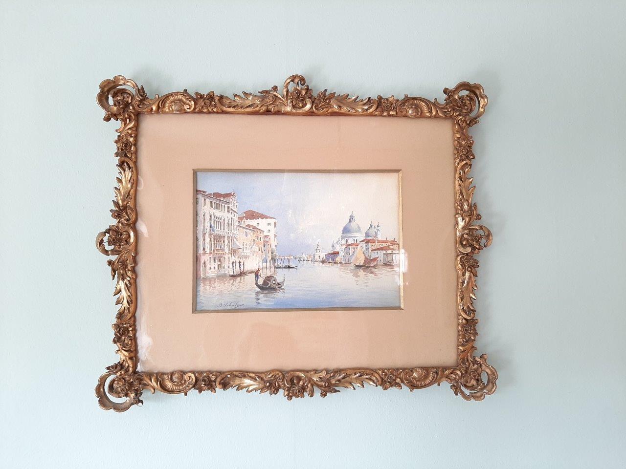 Antikes Aquarell von B. Salviati mit venezianischer Stadtansicht im verzierten Stuckrahmen