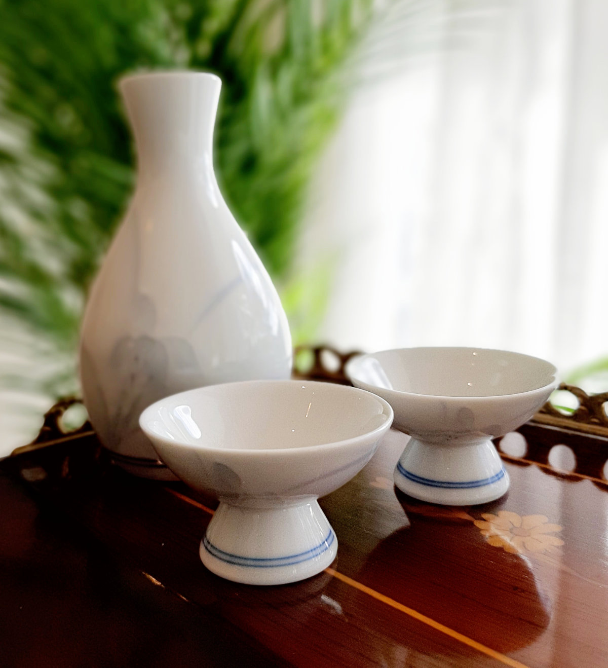 Reisschnaps-Set, weiß, aus Porzellan, wohl aus Japan, blaues Dekor, Frontalansicht Set.