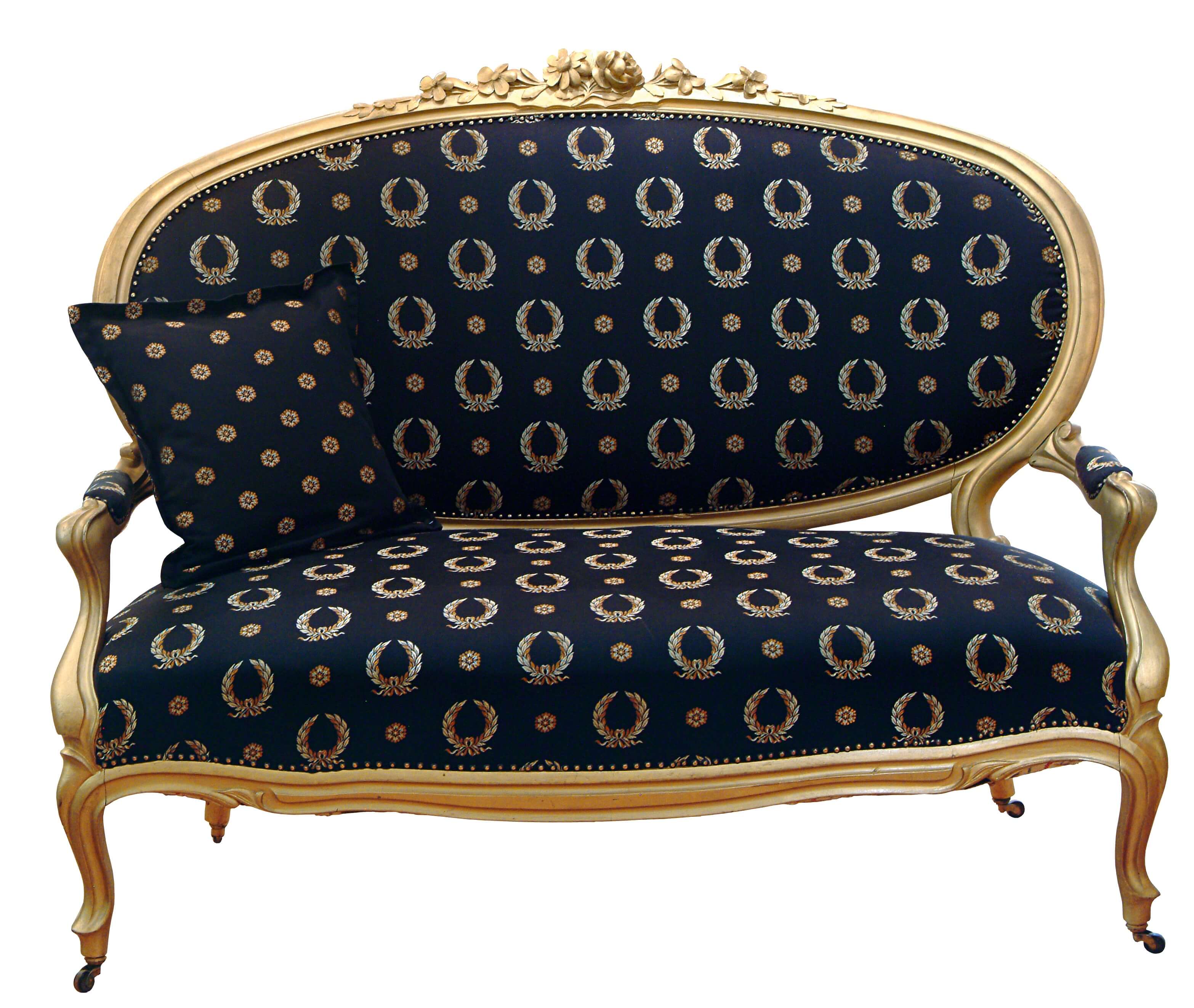 Antikes Sofa PAULINA, 2-Sitzer mit vergoldetem Holzrahmen und dunkelblauer Polsterung mit Muster, 19. Jahrhundert, Vorderansicht