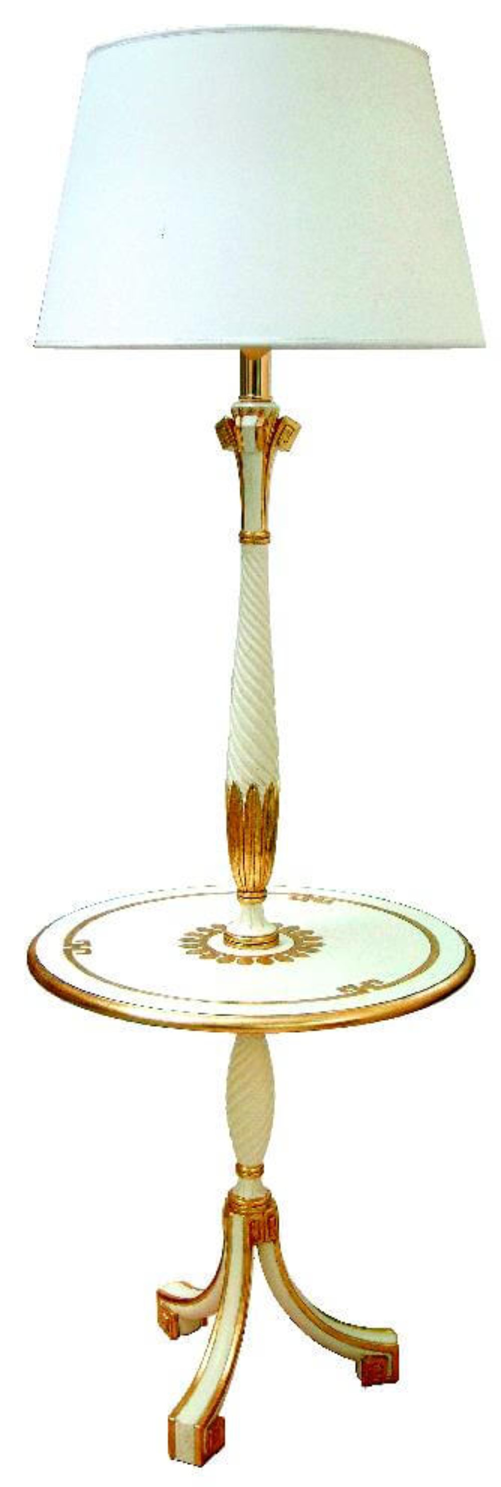 Stehlampe Margaritha mit Tisch, in gold-weiß, Frontalansicht.