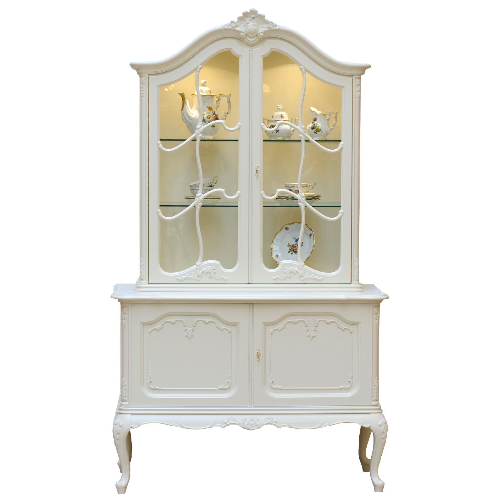 Weiße Aufsatzvitrine frontal fotografiert