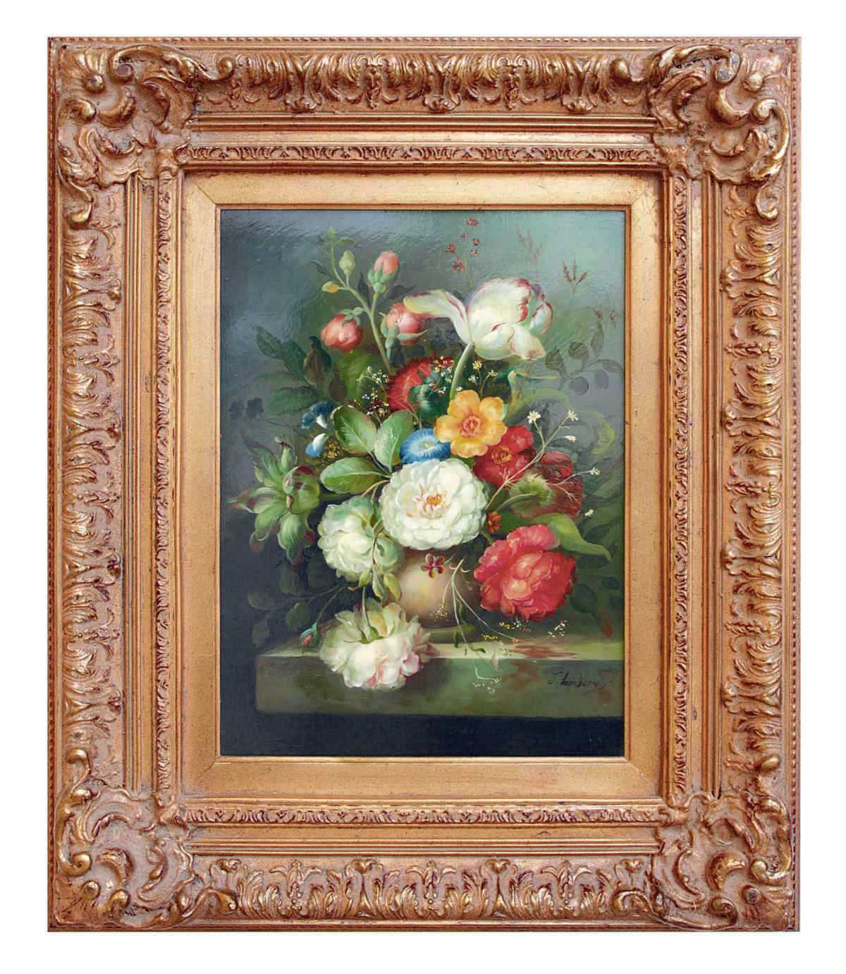 Ölbild von Lomberg, zeigt florales Stilleben, Frontalansicht.