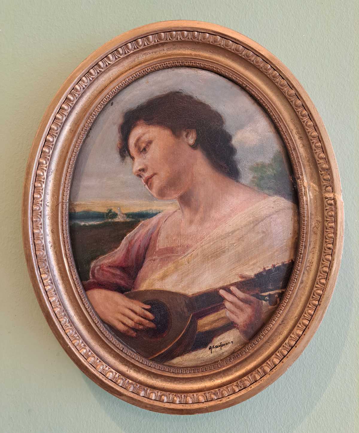 Antikes Ölgemälde von Adolf Kaufmann in ovalem Rahmen, frontal aufgenommen