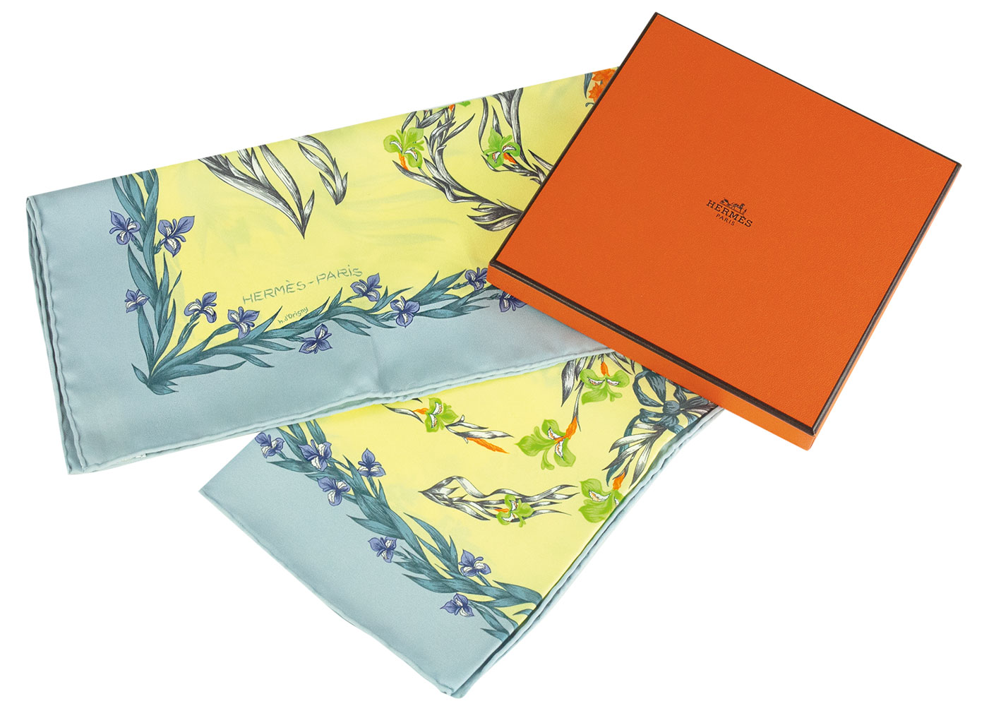 Exclusives Tuch von Hermès 100% Seide in gelb und hellblau