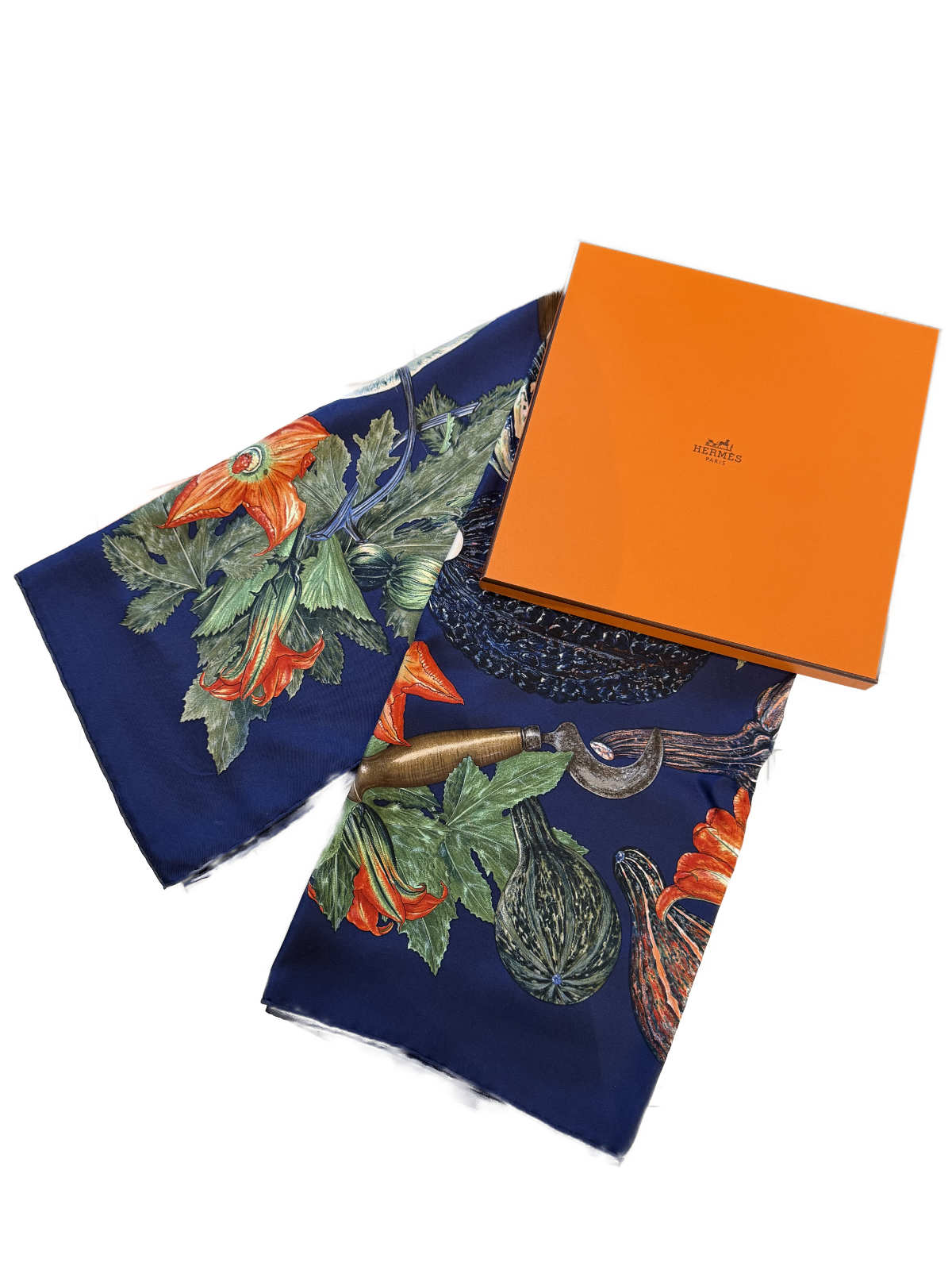 Hermes Tuch in Dunkelblau mit Kürbis Print Detail.