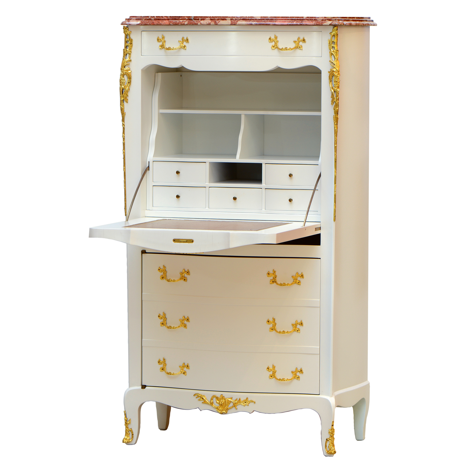 Sekretär ALINA mit Marmorplatte Sekretär ALINA mit weiß lackierter Oberfläche und goldenen Messingbeschlägen. *****Hochwertiges aus zweiter Hand bei Phönix Schöner Leben*****  H. 142 cm , B. 74 cm , T. 42  cm Nussbaumholz, weiß lackiert