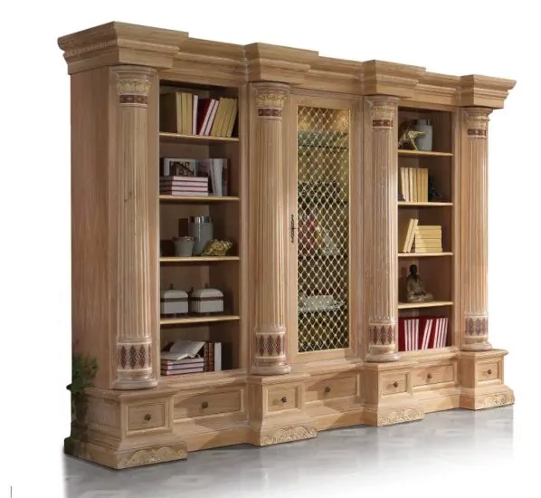 buecherschrank-elo-eiche-saeulen-faecher-schubladen-glastuer-bemalt-l124