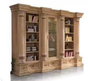 buecherschrank-elo-eiche-saeulen-faecher-schubladen-glastuer-bemalt-l124